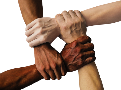 Four people of different ages & races all gripping the next person's wrist, creating a square shape.