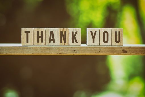 Wooden Scrabble tokens spelling out "THANK YOU"  on a 2 x 4  plank of wooden.  The background is blurred out green & brown smudge, likely outdoors.