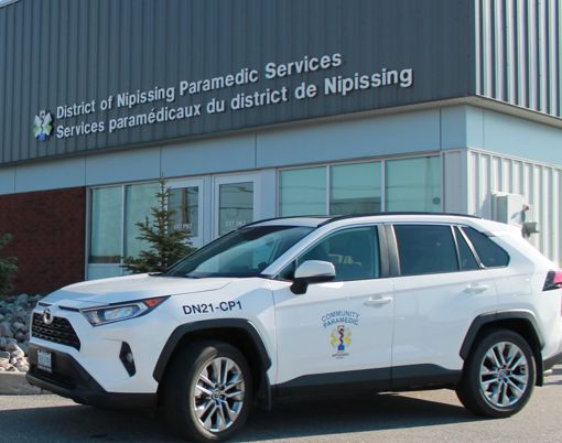 One District of Nipissing Community Paramedic vehicles in front of the North Bay Paramedic Base.